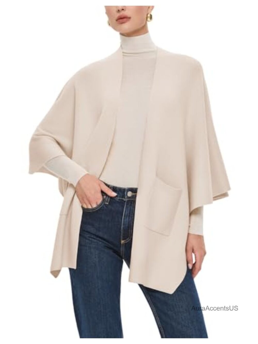 Open Front Knit Shawl Wrap with Pockets Soft Cozy Fall Winter Layer